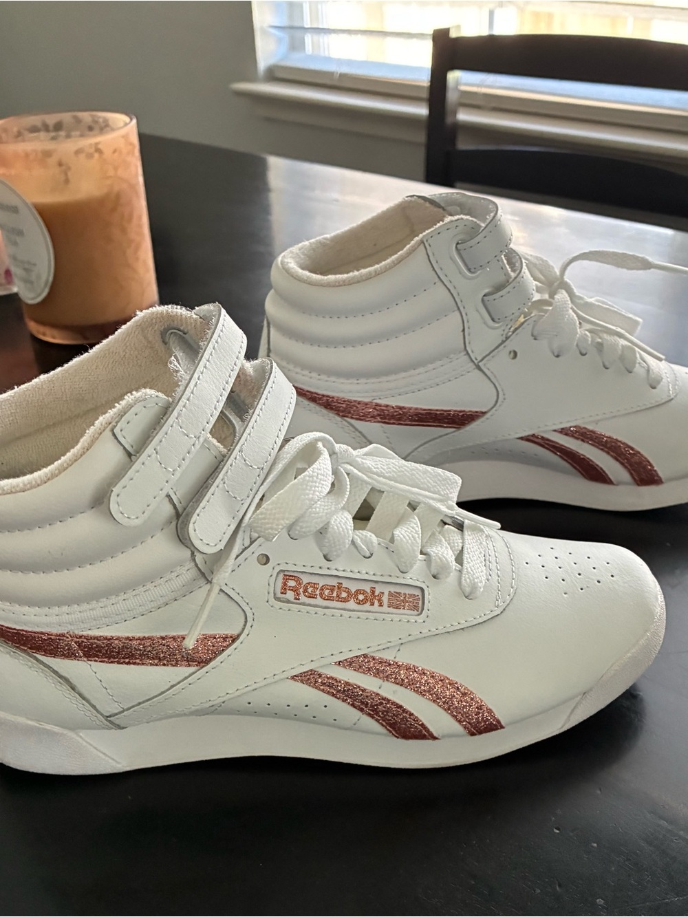 Reebok High-Top Sneakers with Rose gold Metallic Stripes